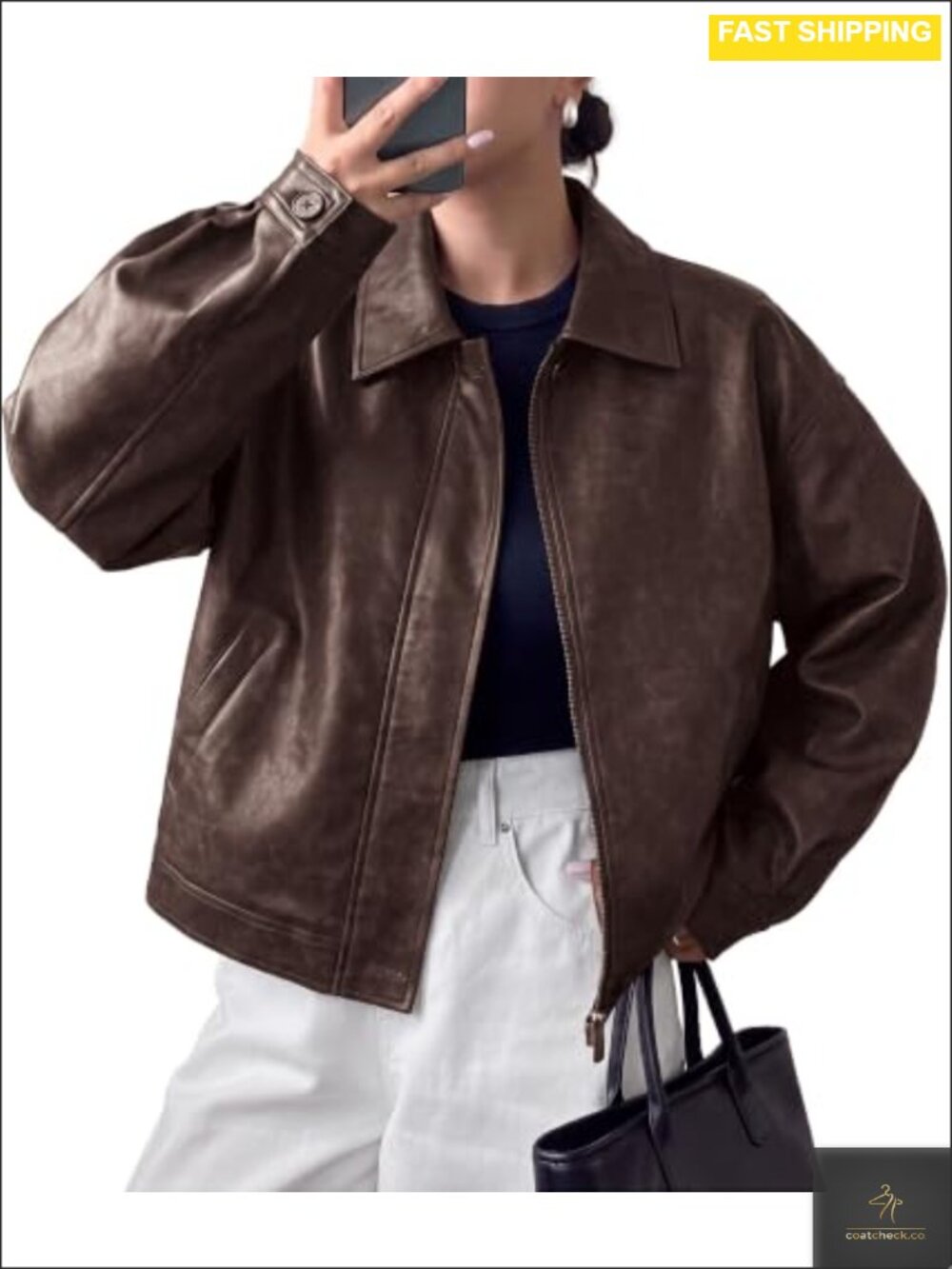 Faux Leather Oversized Motorcycle Jacket Zip Up Moto Biker
